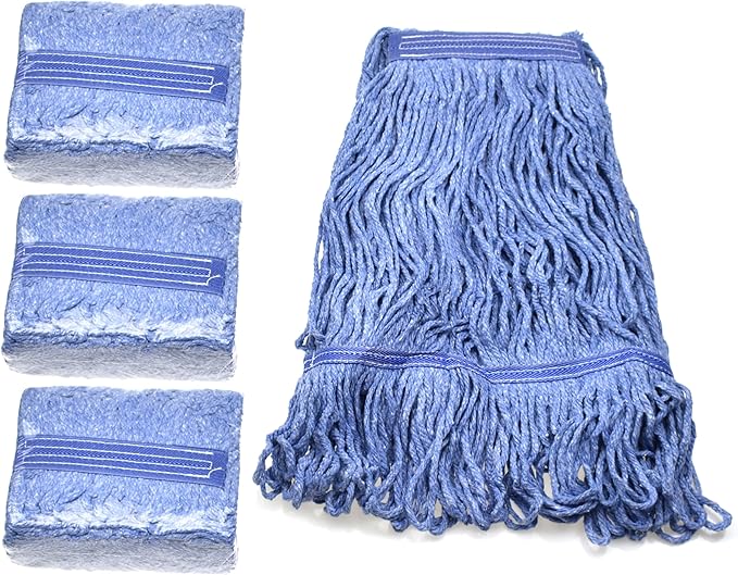 Heavy Duty Commercial Mop Head Refill - Industrial Grade Blue Cotton Looped-End String for Wet Mopping, Long-Lasting (3)