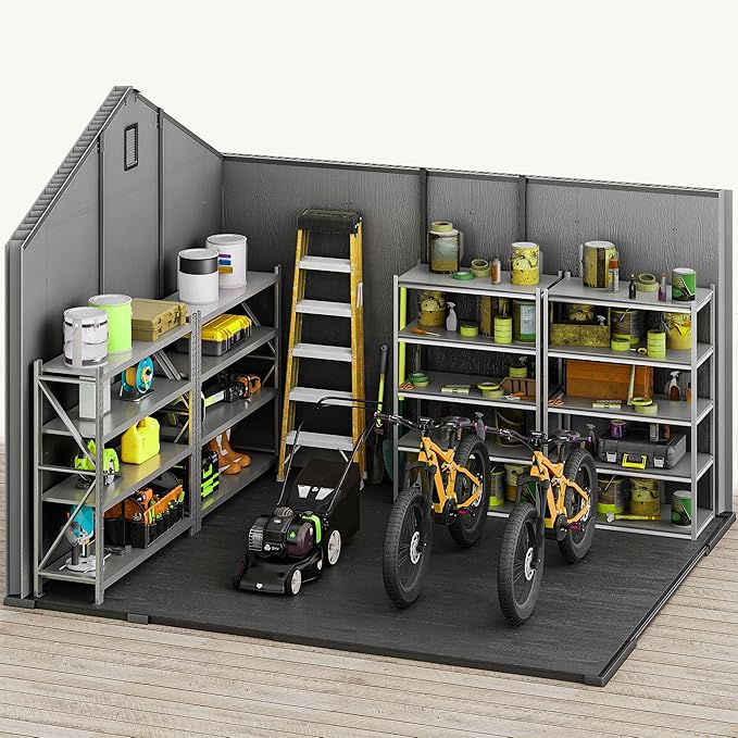 DWVO 8x10 FT Outdoor Storage Shed, 544 cuft Plastic Storage Shed with Floor & Lockable Door, All-Weather Tool Garden Shed with Window & Vent for Patio Furniture, Lawn Mower, Bike, Pool Supplies, Gray