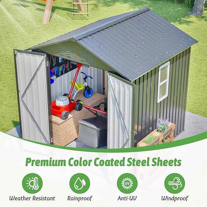 6x6 FT Outdoor Storage Shed with Lockable Doors & Sloping Roof & Clear Window, Galvanized Steel Metal Garden Tool Shed for Backyard, Patio, Poolside