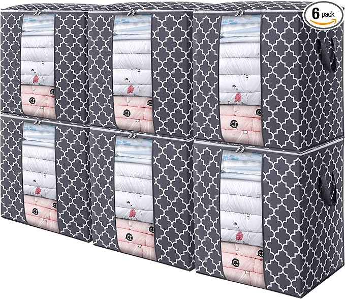 WISELIFE Storage Bags 6 Pack/100L Large Blanket Clothes Organization and Storage Containers for Comforters,Bedding, Foldable Organizer with Reinforced Handle, Clear Window, Sturdy Zippers,Gray