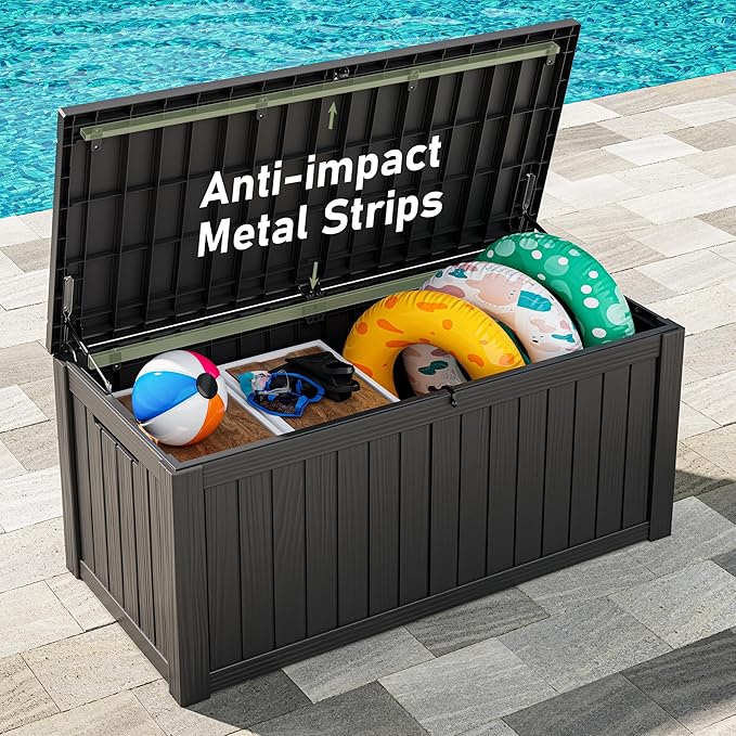 Outdoor Storage Box, 120 Gallon Deck Box, Resin Waterproof Outside Storage Bench, Outdoor Storage Cabinet With Lockable Lid, Backyard Deck Box For Garden Tools, Patio Cushions, Pool Accessories