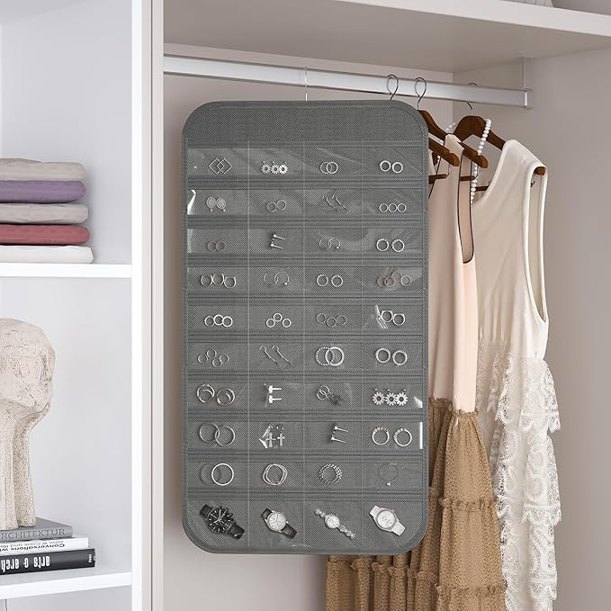 1 Pack Hanging Jewelry Organizer 80-Pocket Dual-sided Jewelry Storage for Earring Necklace Bracelet Ring Travel Holder, Gray