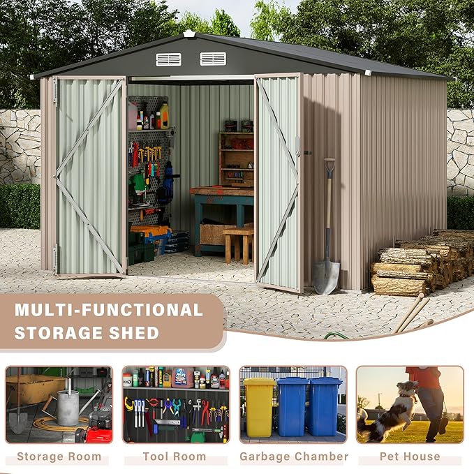 Heavy-Duty 8x10 ft Metal Garden Shed with Air Vent & Lockable Door, Outdoor Storage Shed for Yard, Patio, Lawn, Rust-Resistant Utility Shed, All-Season Use