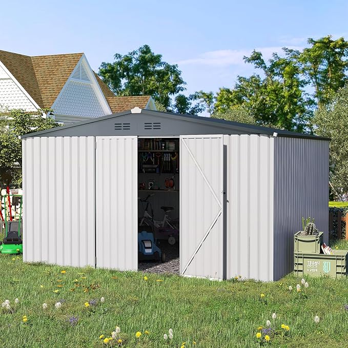 AECOJOY Shed 10'x12' Storage Shed Large, Sheds & Outdoor Storage Clearance 12x10 Sheds with Lockable Doors, Utility and Tool Storage Shed for Garden, Backyard, Patio, Outside use in White