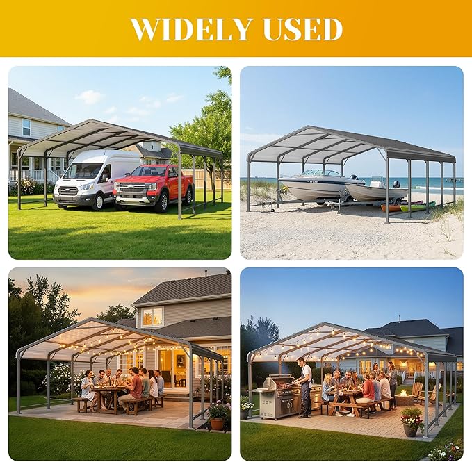 20' x 20' Metal Carport with Updated Roof & Enhanced Base, Heavy Duty Canopy Carport Garage, Vertaile for Car, Truck, Boat, Tractors, Party, Grey