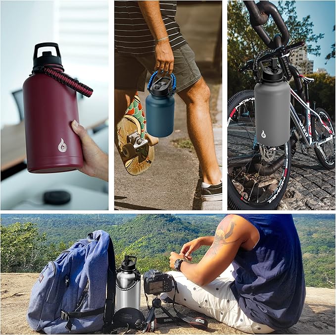 BJPKPK Half Gallon Insulated Water Bottles with Straw Lid, 64oz Large Water Jug, Stainless Steel Bottles with 3 Lids and Paracord Handle, Thermo for Hot & Cold Liquid, Gray