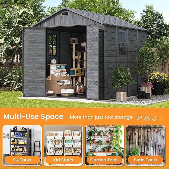UDPATIO 8 x 8 FT Resin Storage Shed, Plastic Outdoor Storage Shed Clearance Sheds with Floor Included Solitude Cottage Shed She Sheds Garden Tool Shed with Lockable Door for Backyard, Patio, Dark Grey