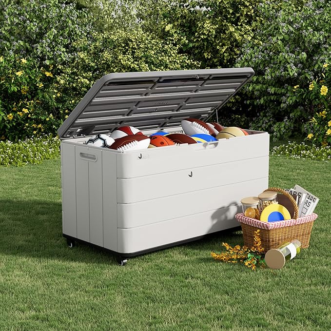 Outdoor Storage Deck Box Waterproof, 110 Gal Wheels Large Lockable Patio Storage Bin Chest, Resin Outside Container Seat Bench for Furniture Cushions, Pool Accessories, Garden Tools & Delivery, White