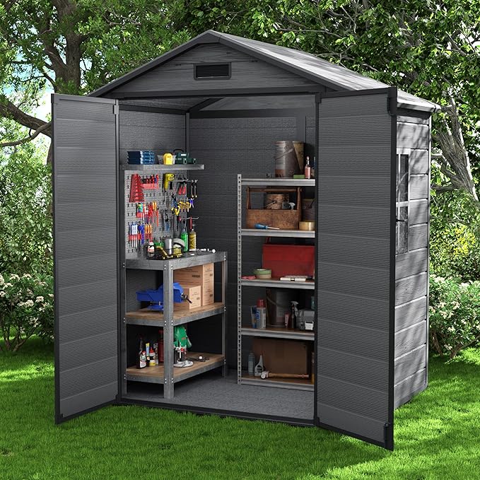 UDPATIO Outdoor Resin Storage Shed 6x4.5 FT, Plastic Garden Shed for Bike, Garbage Can, Tool, Outside Sheds with Lockable Door for Backyard, Patio, Lawn, Dark Grey