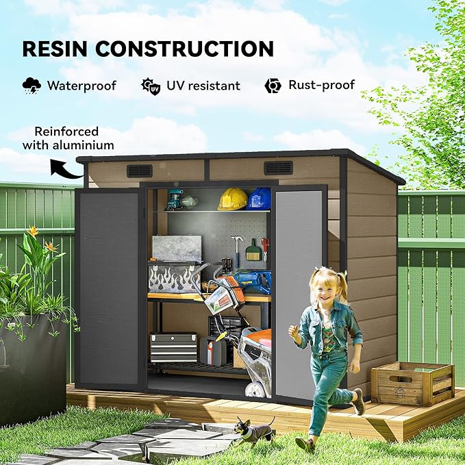 Outsunny 8' x 4' Outdoor Storage Shed, Waterproof Resin Plastic Shed with Floor, Window, Lockable Door and Vents, All-Weather Garden Tool Shed for Backyard, Patio, Lawn, Brown