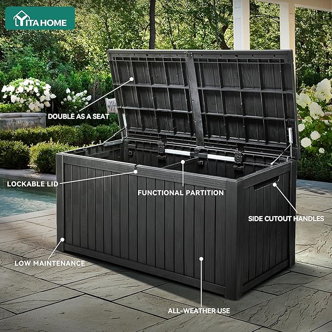 YITAHOME 180 Gallon XL Deck Box Large Outdoor Storage w/Divider for Patio Furniture,Outdoor Cushions, Garden Tools, Sports Equipment and Pool Supplies, Waterproof, Resin, Lockable, Black