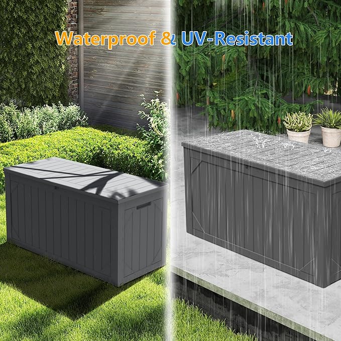 100 Gallon Waterproof Large Resin Deck Box，Storage Box for Patio Cushions(Grey)