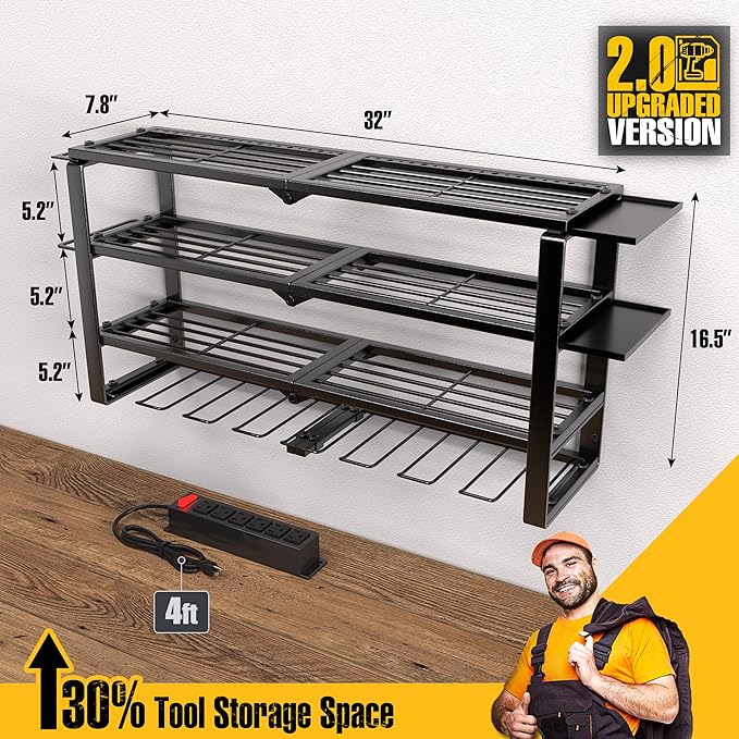 420LB Capacity Power Tool Organizer with Charging Station & 6 Outlets | Quick Assembly 4-Layer Heavy Duty Rack for Drills & Batteries | Ultimate Garage Storage & Christmas Gift for Men