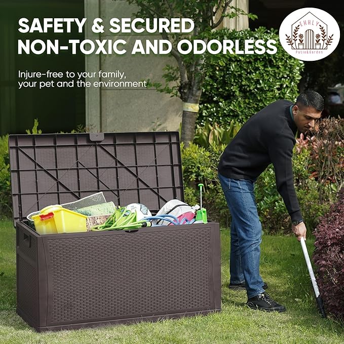 EHHLY 121 Gallon Outdoor Storage Box Large, Lockable Outside Storage Containers Waterproof Patio Cushions Deck Boxes, Rattan Plastic Garden Hose Storage Boxes Resin Pool Storage Bins, Brown