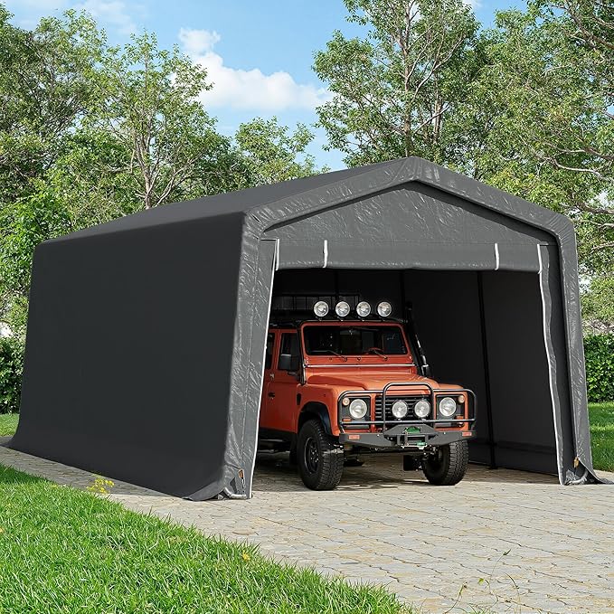 CHARMELEON 10x20FT Heavy Duty Outdoor Storage Shelter Carport,Portable Garage Shelter for Garden Tool Car Truck Boat,Galvanized Steel Frame Storage Tent with Dual Doors&Thickened Fabric ((Dark Grey)