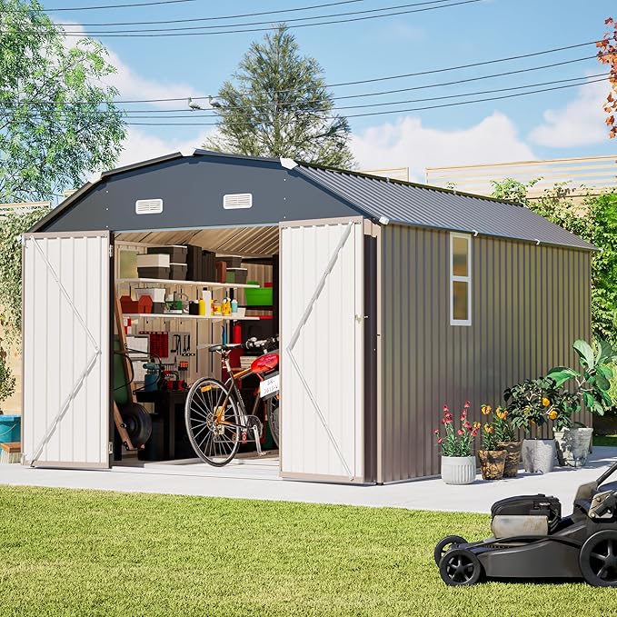 10×12 FT Outdoor Storage Shed,Heavy-Duty Metal Shed with Floor Base,All Weather Waterproof Tool Shed W/Diamond Roof & Windows,Lockable Double Door & 4 Air Vents,for Backyard,Patio,Lawn,Brown