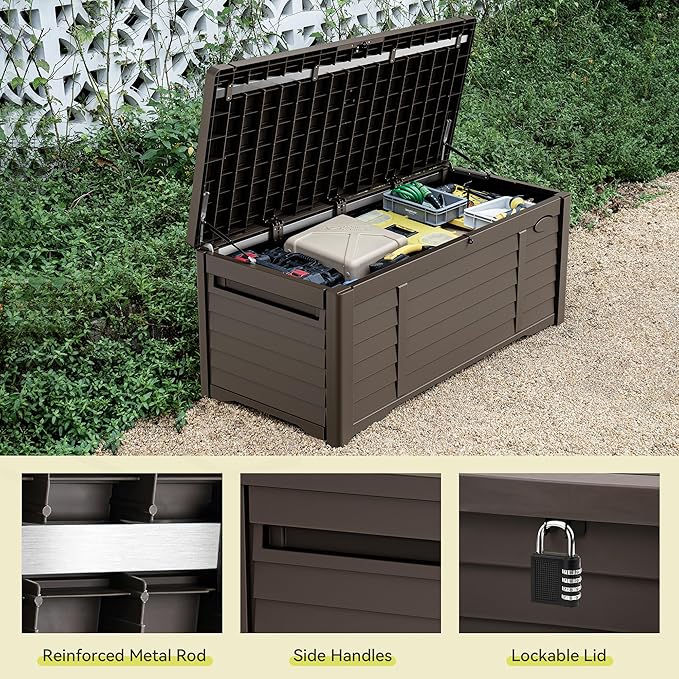 YITAHOME 150 Gallon Large Outdoor Storage Deck Box, Waterproof Cushion Storage Bench with Lockable Lid for Patio, Pool Supplies, Garden Tools, Resin, Dark Brown