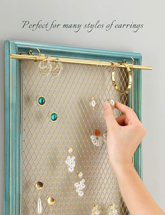 Heesch Hanging Earring Organizer Frame Wall Mounted Jewelry Holder Vintage Rustic Stud Earring Display with Removable Rod and 12 Hooks for Necklaces, Bracelets and Rings (Teal)
