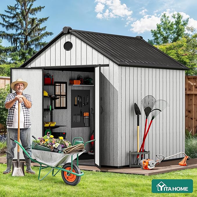 YITAHOME 8X8FT Large Storage Shed with Vision Window, Weatherproof Extra Thick Tool Storage, 16mm Heavy Duty Outdoor Storage Sheds with Floor, Lockable Door & Vents for Patio, Lawn Mower, Bike, Gray