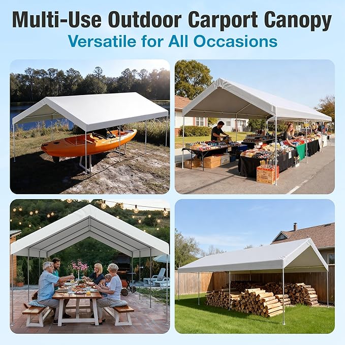 10x20 FT Carport Replacement Canopy Top Upgraded Car Port Canopy Cover for Carport Party Tent Waterproof & UV Protected, Easy Installation with Ball Bungees, White (Top Cover Only, Frame Not Included)