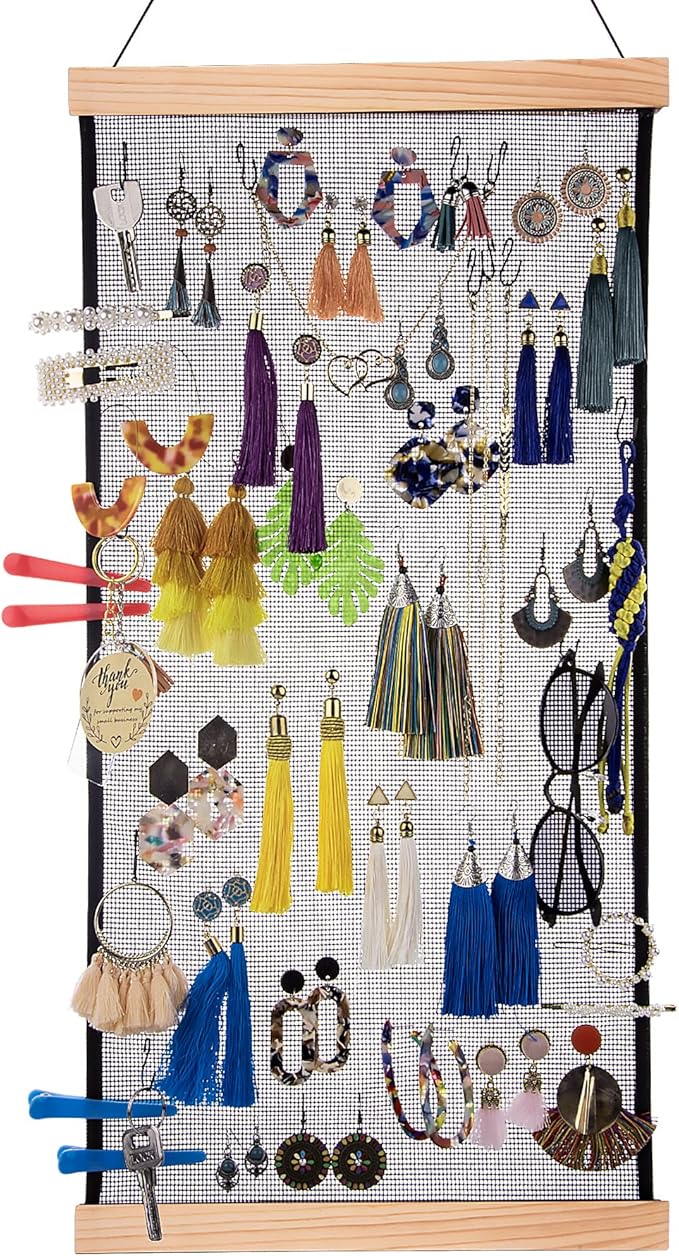 FEQO Earring Organizer Hanging Mesh Earrings Holder Wall Mounted Earring Hanging Jewelry Display Organizer With 20 Pieces S Shape Black Hooks(24 x 12 inch)