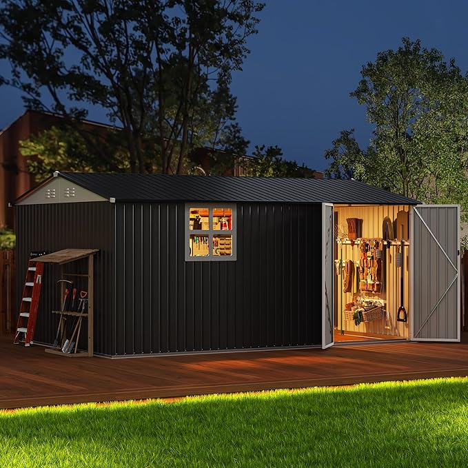 14x10 FT Outdoor Metal Storage Shed with Window, Heavy-Duty Galvanized Steel Tool Shed with Lockable Doors, Waterproof Garden Shed for Backyard, Patio, Lawn, Black