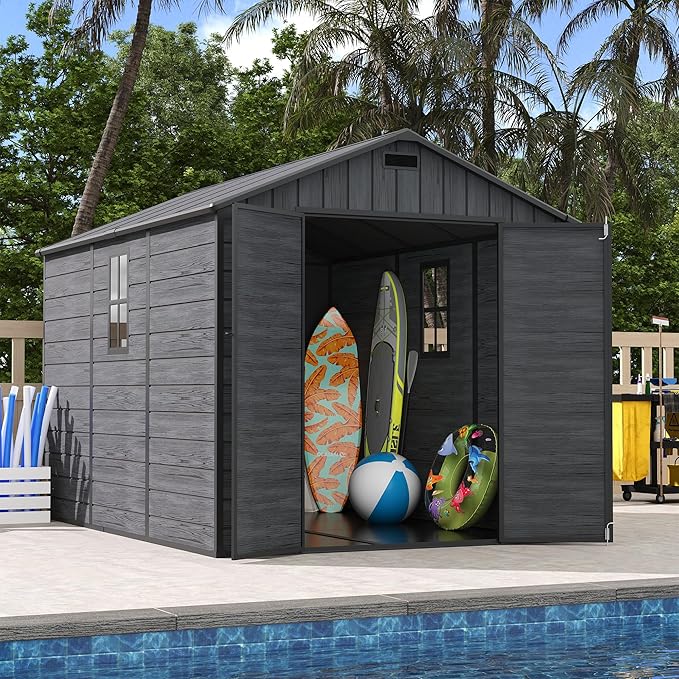 UDPATIO Outdoor Resin Storage Shed 8 x 10 FT, Plastic Storage Shed with Floor Large Outdoors Garden Tool Storage Shed Outside Clearance Shed with Lockable Door for Bike, Backyard, Patio, Dark Grey