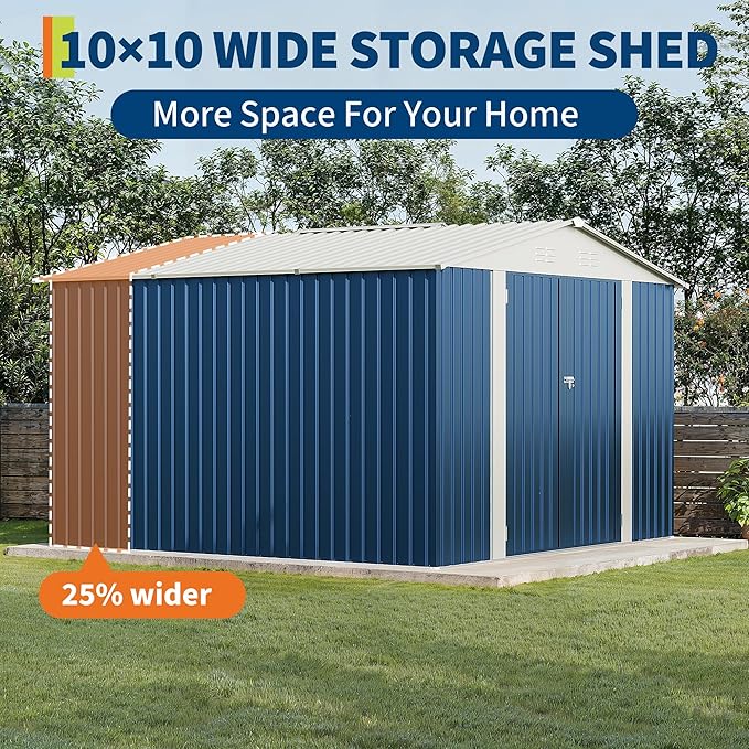 10 x 10 FT Outdoor Storage Shed,Metal Garden Sheds&Outdoor Storage Clearance, Large Tool Shed Outdoor with Single Lockable Door，Ideal Storage House for Backyard Garden Patio Lawn,Navy Blue
