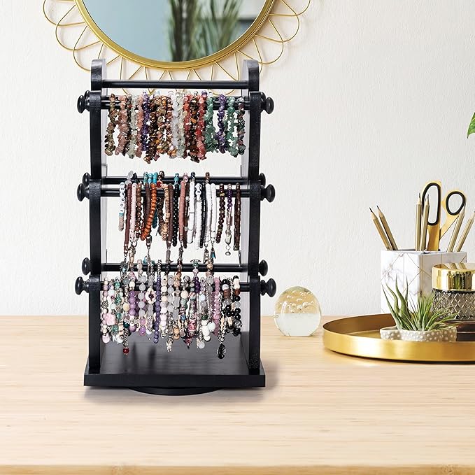 Two-Sided Rotating Wooden Jewelry Bracelet Holder Display Stand with 6 Removable Holders - 3 Tier Bar Bangle Organizer Perfect for Organizing and Showcasing Bracelets, Watches, and Accessories-Black