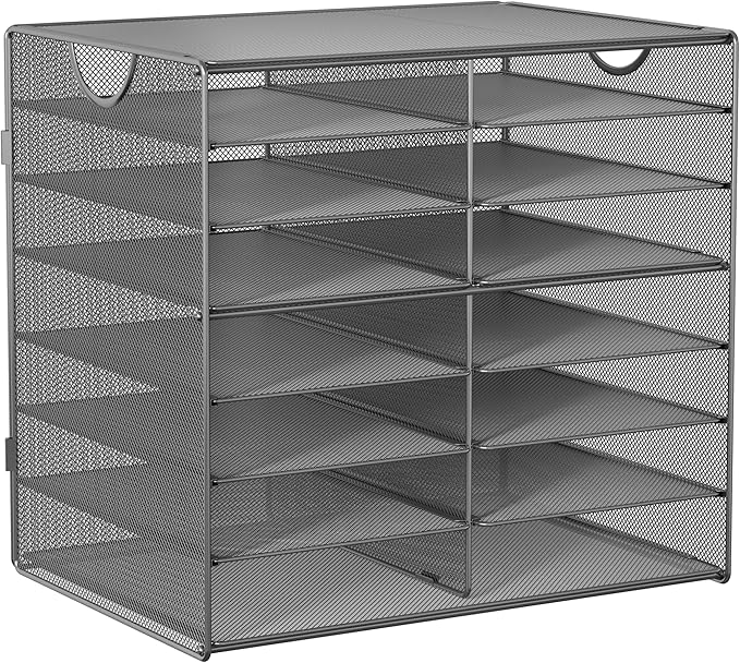 EasyPAG Paper Trays for Classroom 14 Tier Mesh Desk Organizer Shelves with Handle A4/Letter Size File Folder Organizer Shelf for Office, School, Home, Silver