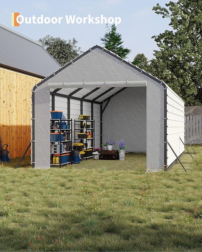 GarveeLife Heavy-Duty PE Enclosure Kit (2-Pack) for Metal Carport - 220gsm Roll-Up Zipper Door Panels for 13x26, 13x21, 13x16 ft, with Ball Bungees, White