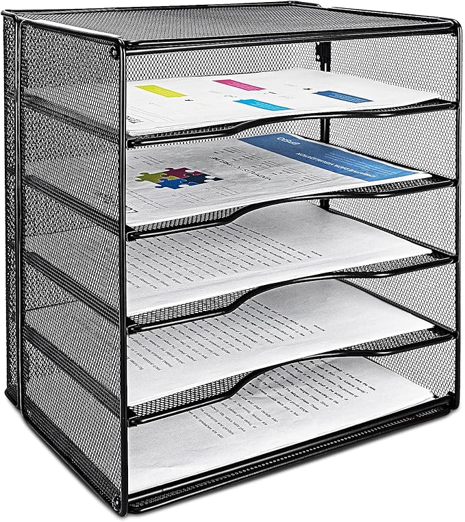 Amazon Basics 5-Tier Mesh Desk Organizer, File Holder, Paper Sorter for Office Supplies, Mail, Documents, 13.6 x 9.5 x 12.8 inches, Black