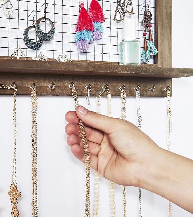 Rustic Jewelry Organizer with Bracelet Rod Wall Mounted - Wooden Wall Mount Holder for Earrings, Necklaces, Bracelets, and Many Other Accessories
