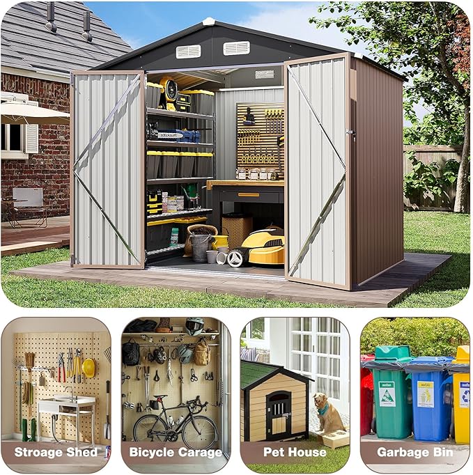 Aoxun Outdoor Storage Shed with Floor - 8x6 FT Metal Shed with Lockable Doors & Air Vents, Waterproof Outside Storage Shed for Tool, Garbage Can, Bike, Mower, for Backyard Garden Patio, Brown