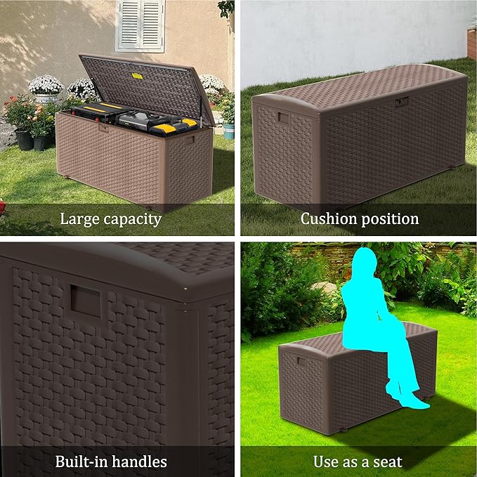 Outdoor Storage Box, 180 Pro Gallon Resin Deck Box Waterproof for Patio Furniture, Garden Tools and Pool Accessories, Lockable UV-Resistant Storage Bin Bench Cabinet for Outside, Brown
