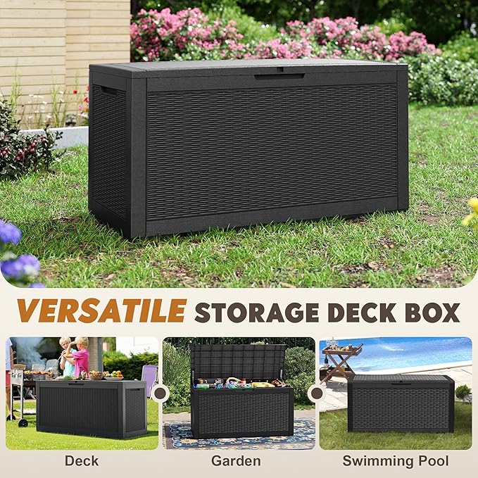 Outdoor Storage Box, Resin Deck Boxes Indoor and outdoor, Waterproof Storage Box Lockable Lid (Black, 101 Gallon)