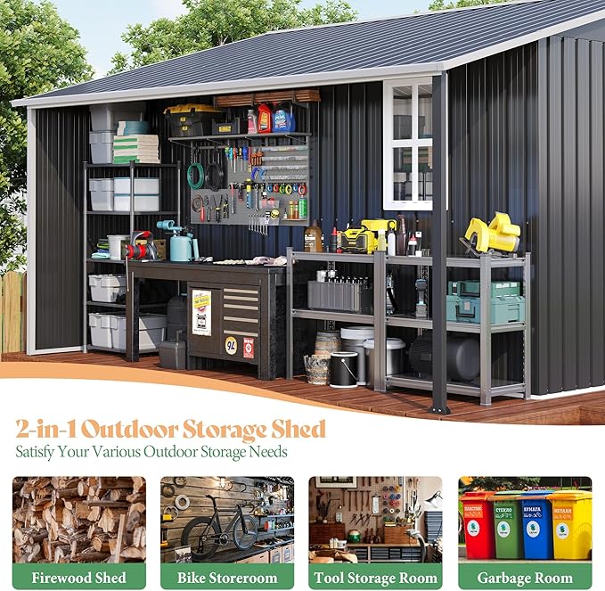 Jocisland 12x12x6.6 FT Galvanized Metal Storage Shed with Open Firewood Storage, Sliding Doors & Ramp, 2 Windows & Vents, Weather-Resistant Outdoor Tool/Garden Shed, Dark Grey/White