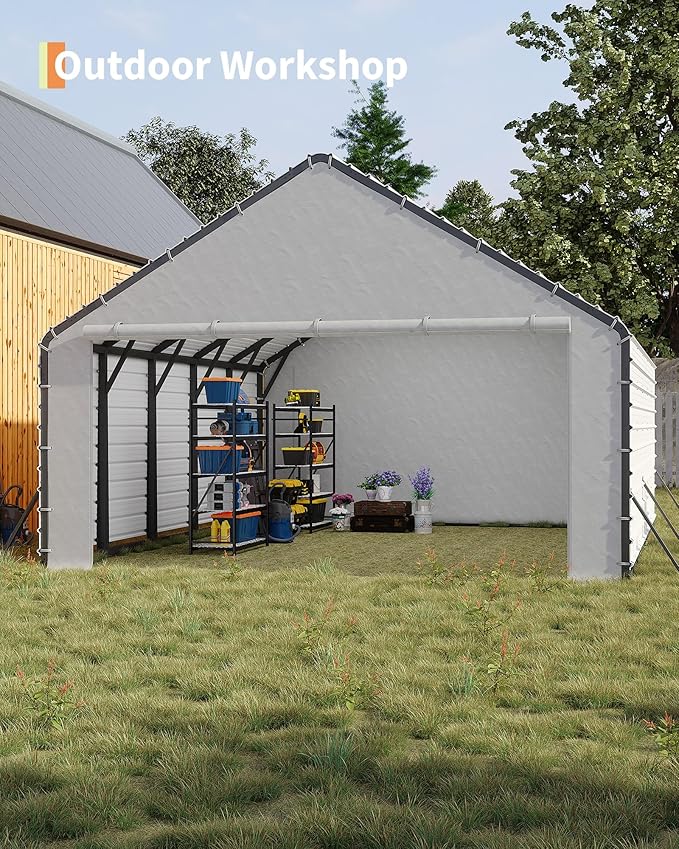 GarveeLife Heavy-Duty PE Enclosure Kit (2-Pack) for Metal Carport - 220gsm Roll-Up Zipper Door Panels for 20x25, 20x20 ft, with Ball Bungees, White