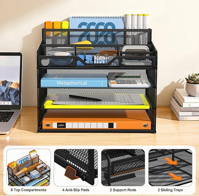 Docnest 4 Tier Mesh Desk Organizer, Multi-Functional Paper Letter Tray with 5 Adjustable Compartments & 3 Pen Holders - Space-Saving Desktop Storage for Office Files, Mail, Stationery - Black