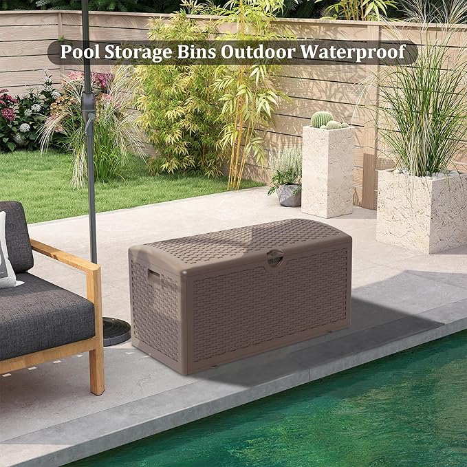 Outdoor Storage Deck Box Waterproof,90 Gallon Lockable Patio Package Delivery Bin as Seat, Resin Storage Container Bench for Furniture Cushions, Pool Accessories, Garden Tools, Brown