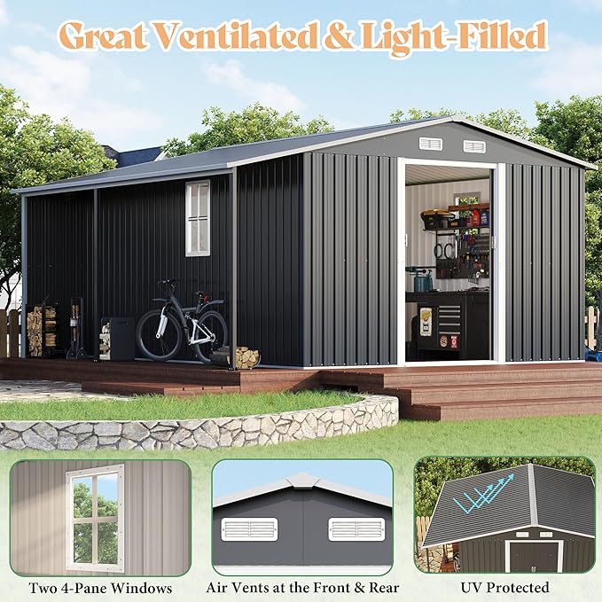 Jocisland 12x12x6.6 FT Galvanized Metal Storage Shed with Open Firewood Storage, Sliding Doors & Ramp, 2 Windows & Vents, Weather-Resistant Outdoor Tool/Garden Shed, Dark Grey/White