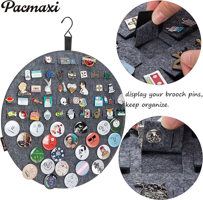 PACMAXI Hanging Brooch Display Holder, Wall Collection Storage Organizer, Cute Pin Banner Case Hold Up to 76 Pins (Grey)