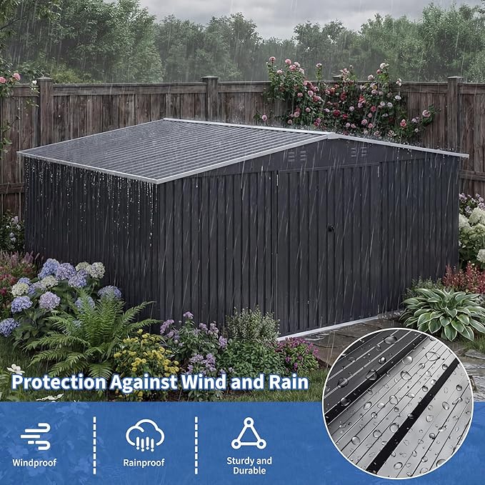 12x14 FT Storage Shed, Garden Shed with Lockable Doors and Updated Frame Structure, Metal Tool Sheds for Backyard Garden Patio Lawn, Black