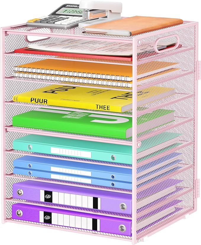 9 Tier Paper Organizer with Handle, Pink Large Capacity Desk Organizer Mesh File Folder Letter Paper Tray Desktop Document Sorter for Classroom, School, and Office Accessories Organization