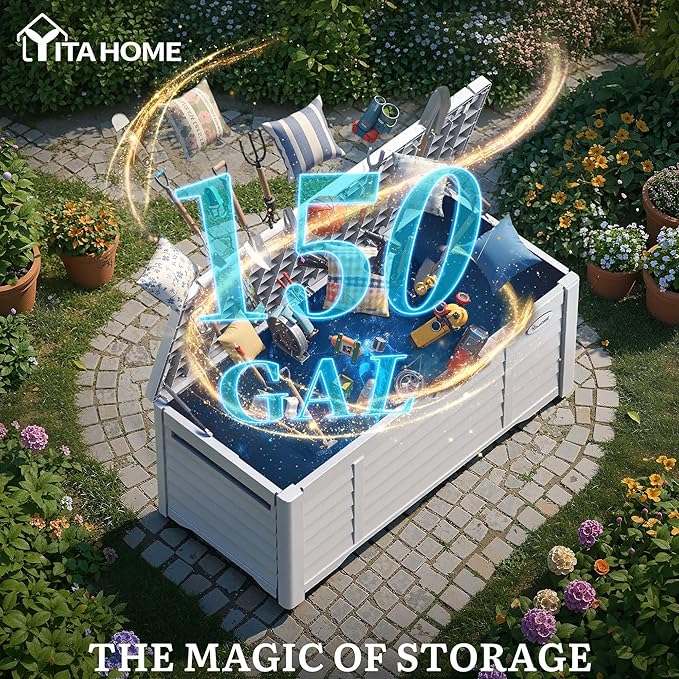 YITAHOME 150 Gallon Large Outdoor Storage Deck Box, Waterproof Cushion Storage Bench with Lockable Lid for Patio, Pool Supplies, Garden Tools, Resin, White
