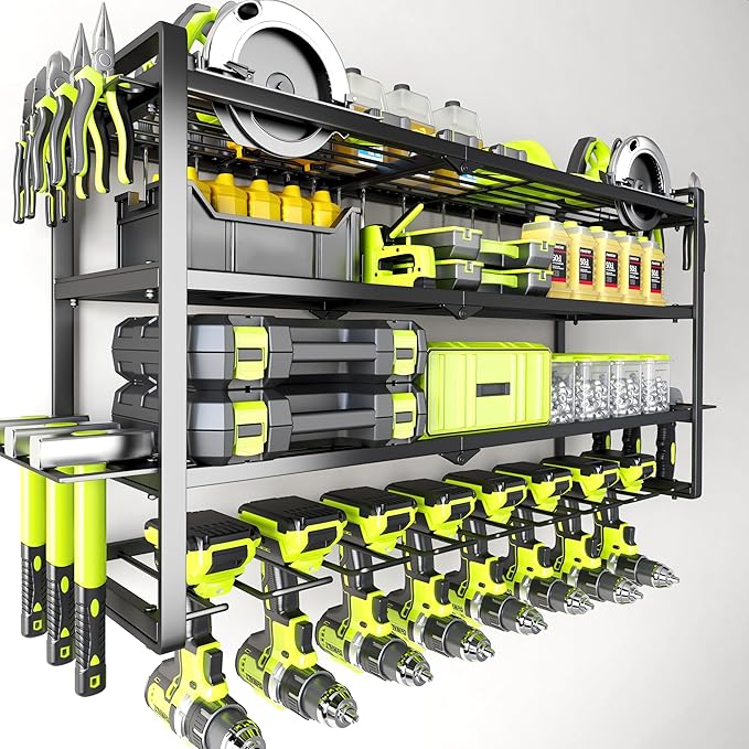 Heavy Duty Wall Mount Tool Organizer - 8 Drill Holder Storage Rack, 4-Tier Garage Organization System, 300lb Capacity Metal Tool Storage