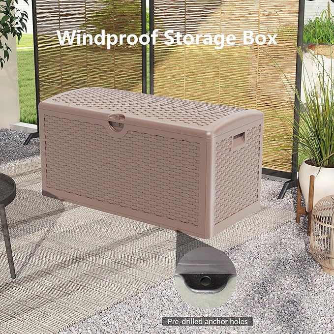 Outdoor Storage Deck Box Waterproof,90 Gallon Lockable Patio Package Delivery Bin as Seat, Resin Storage Container Bench for Furniture Cushions, Pool Accessories, Garden Tools, Brown