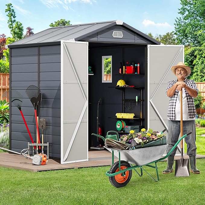 YITAHOME 6x6FT Outdoor Storage Shed w/o Floor, All-Weather Plastic Shed with Lockable Doors, Window & Vents, Plastic Tool Shed for Backyard, Patio, Poolside, Gray