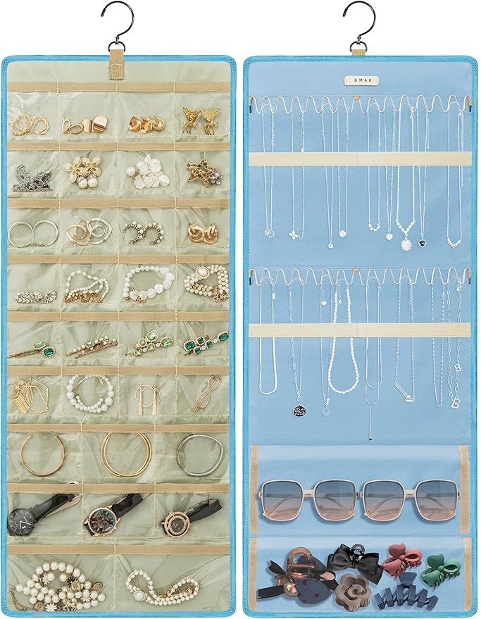 GMAK Hanging Jewelry Organizer with Hanger Metal Hooks, Double-Sided Jewelry Holder Accessories Organizer Storage Roll for Jewelry, Earrings, Bracelets, Necklaces, Rings - Light Blue