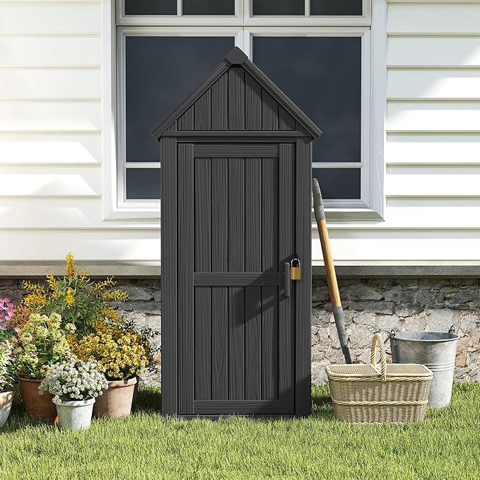 Outdoor Storage Shed with Removable Shelves, Waterproof Resin Outdoor Storage Cabinet for Small Patio, Balcony, Backyard, Vertical Storage Shed with 12 Hooks for Garden Tools, Grilling Supplies, Black